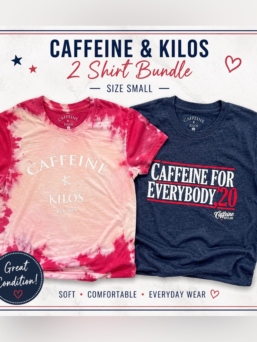 ❤️💙‎ Caffeine & Kilos Graphic Tee Bundle – Size Small (1183)